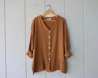 90s Brown Rayon Tunic Top: Vintage Oversized Button-Up Blouse