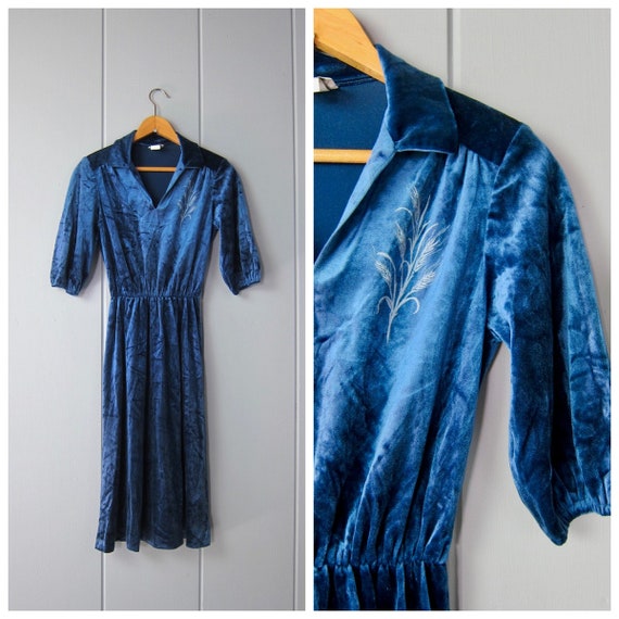 70s Teal Blue Velvet Dress | Vintage 1970s Midi D… - image 1