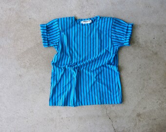 80s Black Blue Striped Shirt | Oversized Cotton Pullover Tee | Bold Stripe Tshirt Unisex