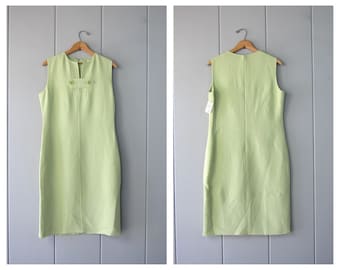 Bill Blass 90s Pastel Green Dress | Modern Grass Green Shift Dress | Sleeveless Textured Crepe Midi Dress | Deadstock Vintage CJ