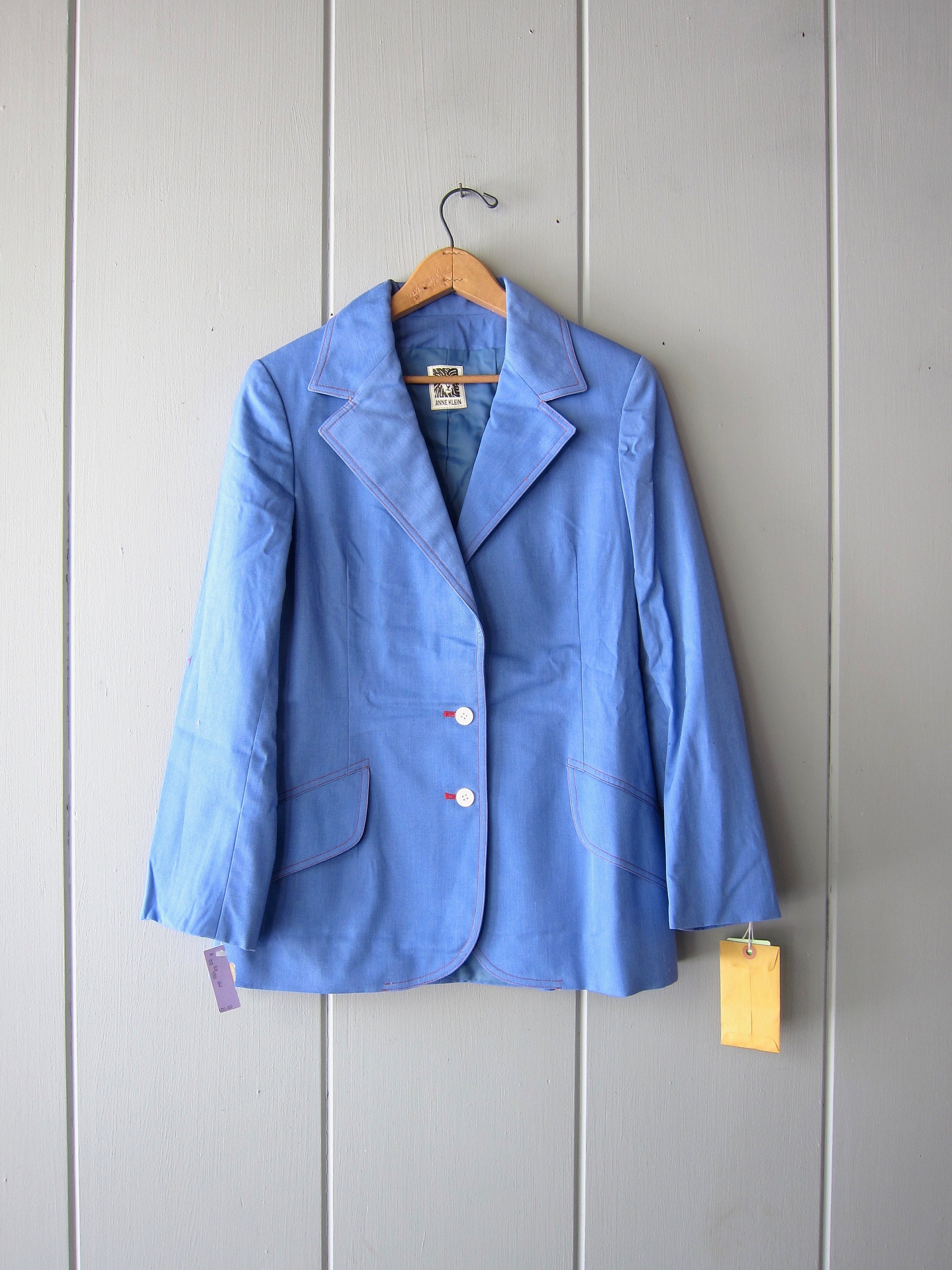 Vintage 70s Matching Two Piece Outfit Blue Blazer Mini Skirt Set