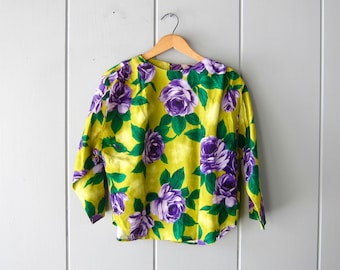 80s Floral Print Two Piece Top & Skirt Set Tropical Green Purple Blouse Set