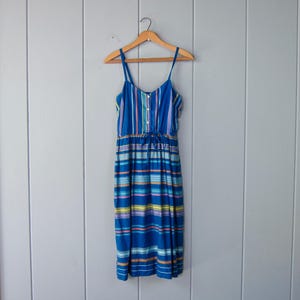80s Blue Rainbow Bold Striped Picnic Sundress with Tie