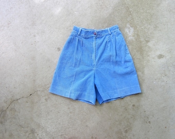 80er Blaue Cordshorts | Gerippte Shorts aus Baumwolle mit Falten | Vintage High Waist Preppy Mädchen Taschenshorts