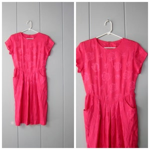 80s Pink Silk Dress | Minimal Short Sleeve Floral Embossed Dress | Simple Silk Midi Princess Dress