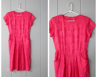 80s Pink Silk Dress | Minimal Short Sleeve Floral Embossed Dress | Simple Silk Midi Princess Dress