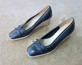 90s Leather Wicker Espadrilles Wedges