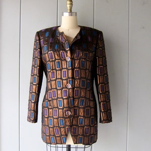 80s Italian Silk Blazer: Vintage Metallic Print Jacket