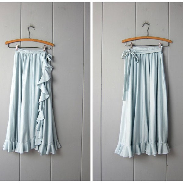 70s Ruffled Wrap Skirt | Long Baby Blue Skirt | Open Side Slit Midi Skirt