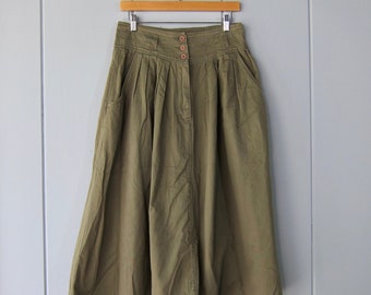 90s Green Brown Aline Skirt | Button Up Cotton Midi Skirt | Vintage Outdoors Safari Skirt