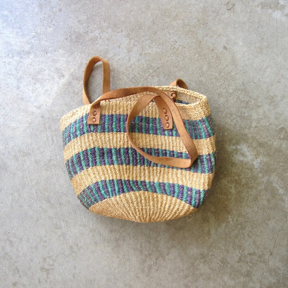 Vintage Colorful Jute Bag | Leather Shoulder Stra… - image 5