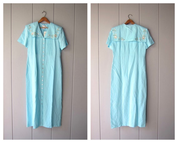 Long Blue Linen  Ankle Dress 90s Laura Ashley Sty… - image 1