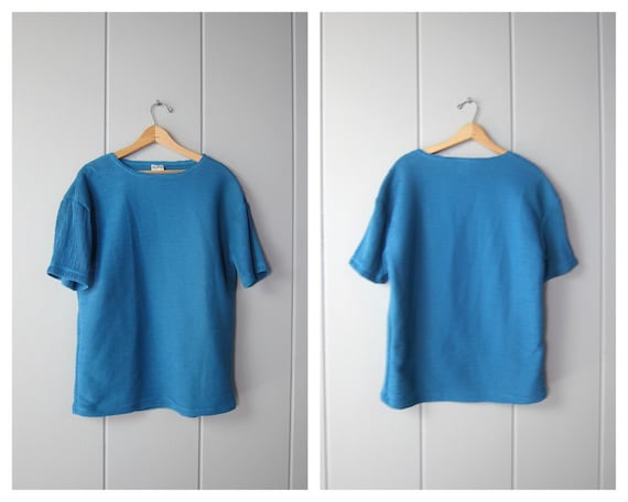 80s Teal Blue Textured Tshirt | Vintage Oversized… - image 1