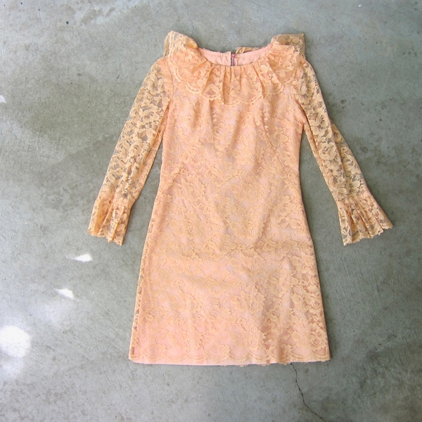 60s Peach Lace Mini Dress | Beautiful Half Sleeve Laced Dress | Vintage Bridesmaid Dress Tea Party Cocktail Mini Mod Prom Dress