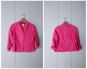 90 Dark Pink Linen Blouse | Long Sleeve Collared Blouse | Minimal Button Up Blazer Shirt | Modern Flax Blouse with Front Pockets