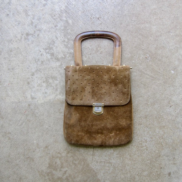 60s Brown SUEDE Leather Top Handle Purse | Vintage Rectangle Handbag | Retro 1960s Mod Metal Lock Handbag Clutch Bag