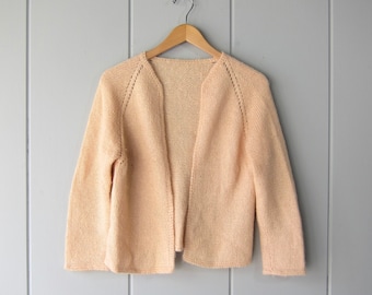 Handwoven Mohair Blend Cardigan Sweater | Petal Pink Fuzzy Wool Sweater | Vintage Open 60s Cardigan Sweater