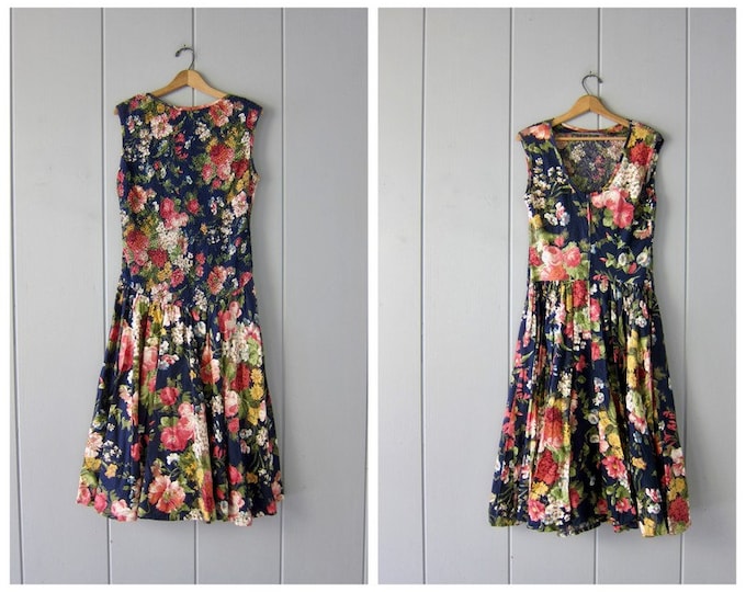 Vintage Long Floral Dress | 80s Flower Print Market Dress | Sleeveless ...