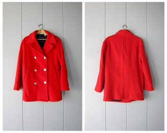 90s Red Wool Pea Coat | DKNY Heavy Wool Peacoat | Vintage Double Breasted Dress Coat