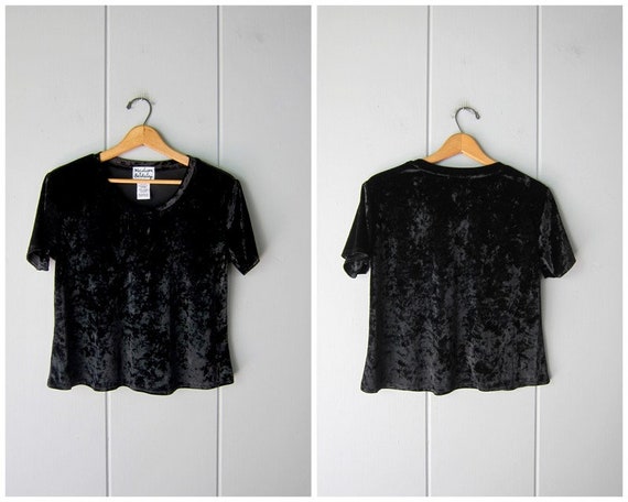 Black Velvet Shirt | 90s Crushed Velvet Top | Vint