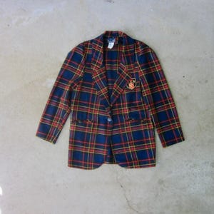 Vintage 80s Plaid Wool Blazer: Preppy Tartan Jacket with Lion Emblem