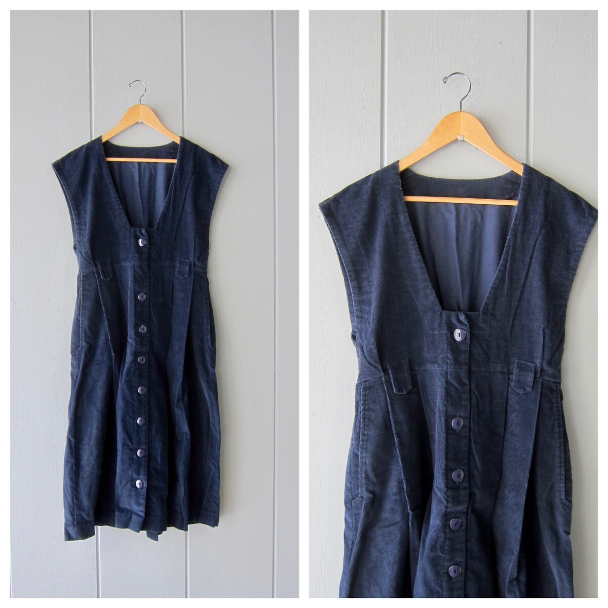 Vintage Aprons, Retro Aprons, Old Fashioned Aprons & Patterns 80S Blue Black Corduroy Dress  Vintage Button Up Pinafore Frock With Pockets Peasant Prairie Apron Maq $40.00 AT vintagedancer.com