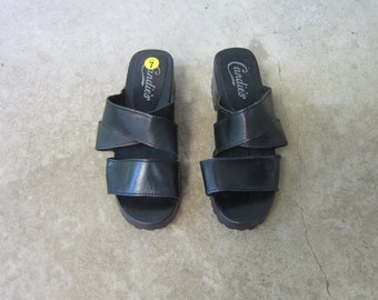 90s Black Leather Clogs | Candies Chunky Slip On Mules | Wooden Clogs, Open Toe Strap Sandals | Size 7