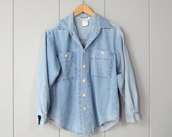 80er Jahre Washed Out Jeanshemd blau | Button Up verblasstes Jeanshemd | Damen Farmer Garden Pocket Jeanshemd