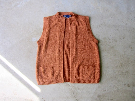 ContempoLA 70s Sleeveless Open Knit Sweater | Terra Cotta Orange Pocket Sweater | Bonnie Lee Leroy Pocket Sweater Vest | Minimal Open Fit Sweater Top
