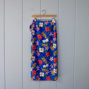 90s Colorful Blue Floral Silk Wrap Midi Skirt - Tropical Beach Summer Skirt