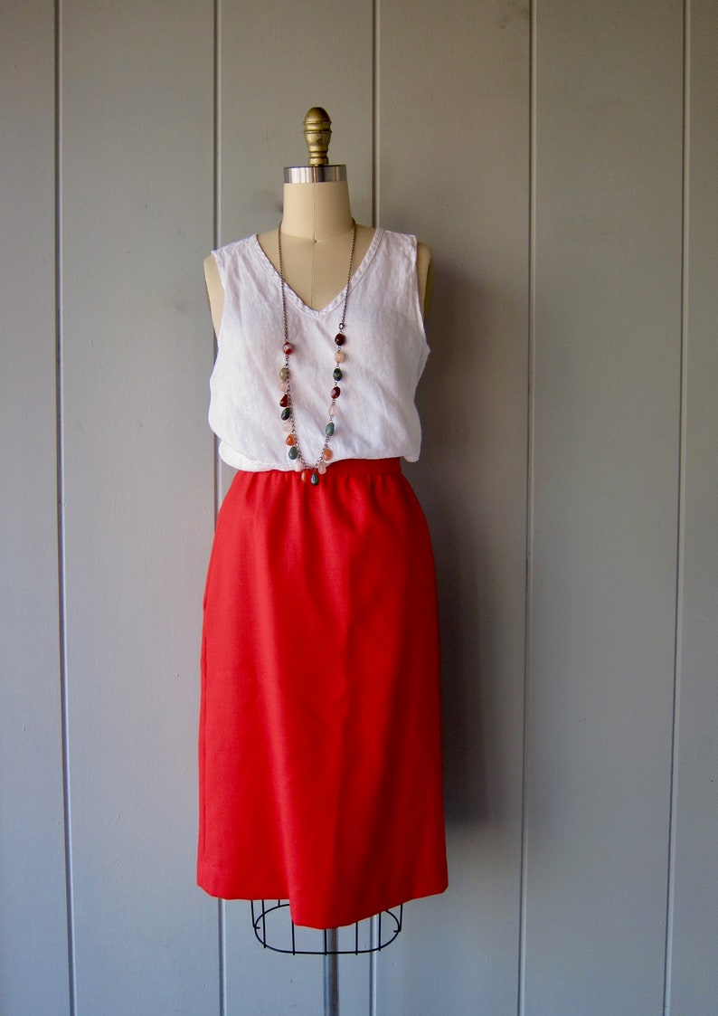 80s Tobacco Red Pencil Skirt Hand Pockets & High Waist Vintage School Girl Mod Skirt image 5