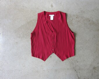 90s Button Up Crimson Tank Top | Summer Vest Top | RAPPORT Rayon Sleeveless Vest Shirt