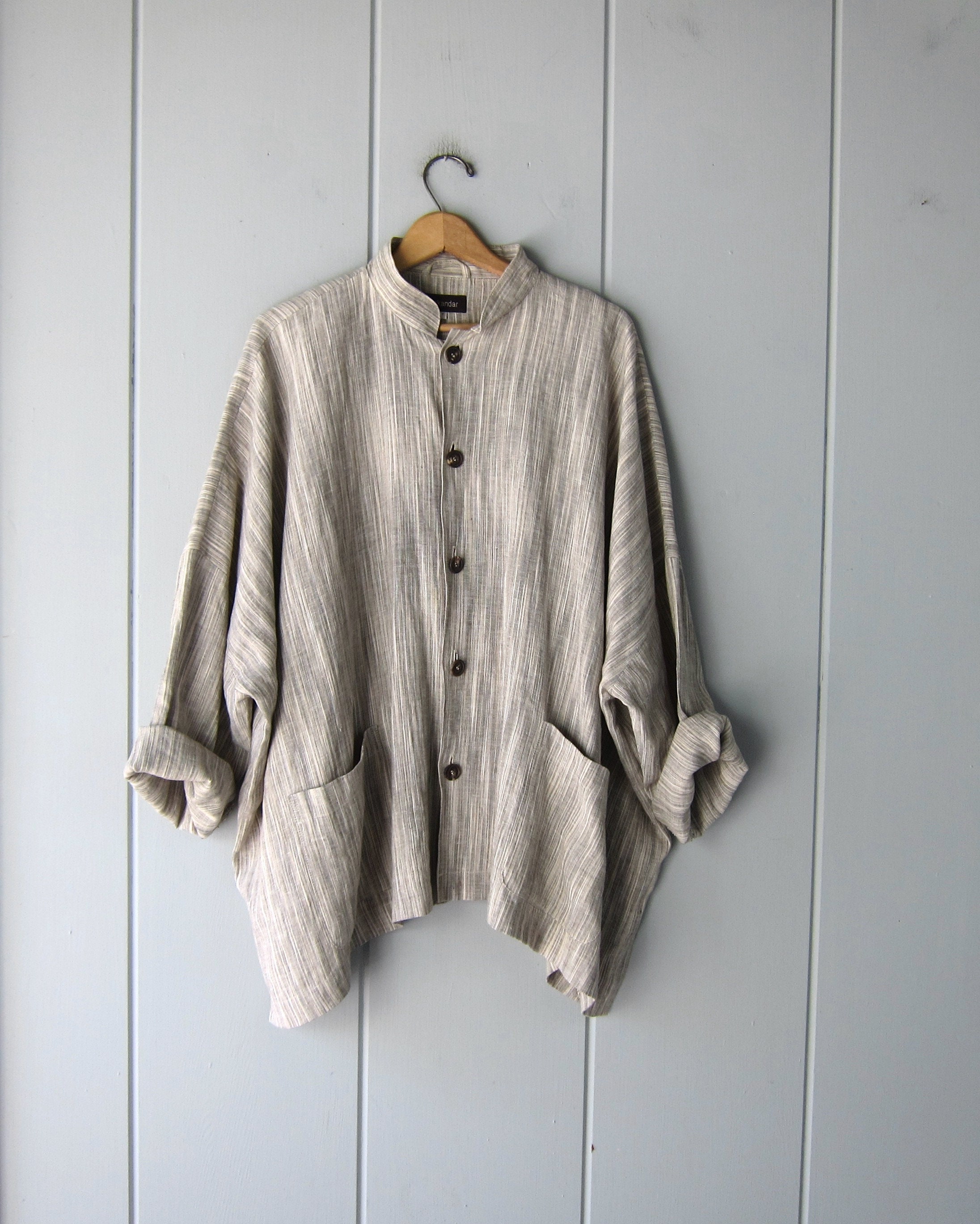 Eskandar Linen Square Shirt Mock Neck Long Sleeve Button-Up | Etsy