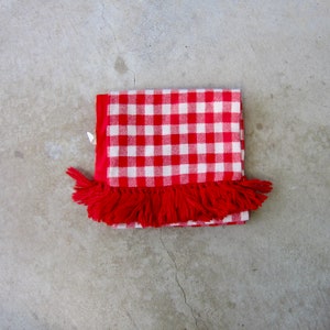 70s Checkered Wool Scarf | Extra Long Fringed Neck Scarf | Preppy Red White Check Scarf | Vintage Holiday Xmas Unisex Scarf CJ