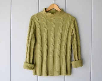 Pull en maille torsadée vert Années 90 | Haut à enfiler moderne à col cheminée | pull court vintage