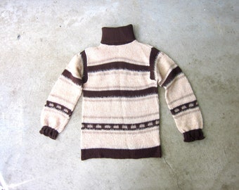 70s Striped Turtleneck Sweater: Brown Beige Furry Pullover