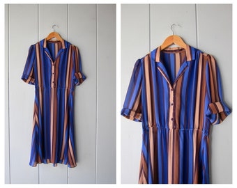 80s Short Sleeve Striped Dress | Vintage Blue Red Brown Shirtdress | Retro Secretary Shirt Dress