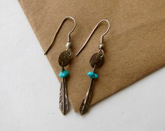 Sterling Silver Feather Drop Earrings, 70s Southwestern Bird Feather Teardrop Earrings with Turquoise Rock