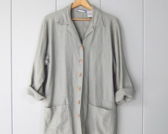 90s Linen Cotton Shirt Jacket | Button Up Chore Shirt with Pockets | Pebble Blue Gray Modern Minimal Long Sleeve Top