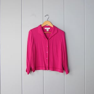90s Modern SILK Blouse | Pink Silk Button Up Top | Vintage Silk Shirt women&#39;s medium