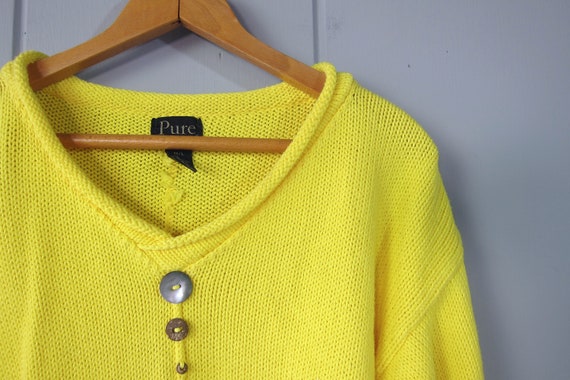 Hand Knit Yellow Cotton Sweater | Button Decor Sw… - image 2