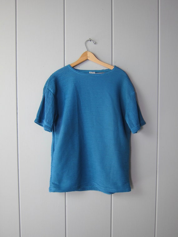 80s Teal Blue Textured Tshirt | Vintage Oversized… - image 4