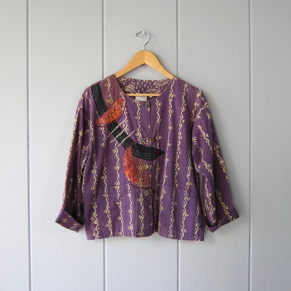 Hand Made India Market Place Indian Shirt | Purple Embroidered Ethnic India Blouse | Boxy Button Up Tribal Blouse