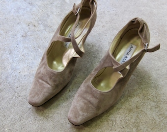 90s Anne Klein Suede Pumps Pointy Toe Leather High Heels Modern Strapy Heels