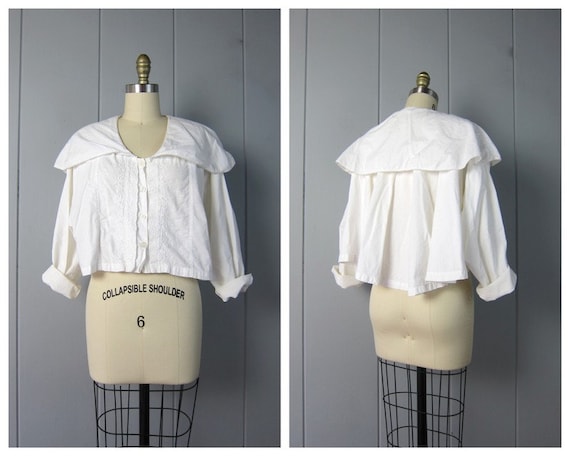 80s White Cotton Poet Blouse | Minimal Cropped Lon