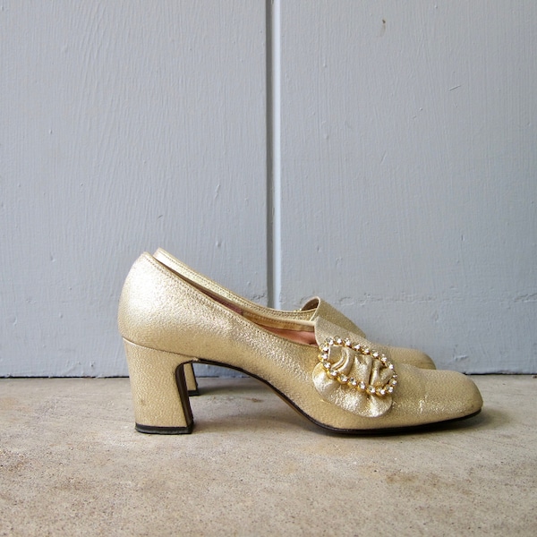 60s Metallic Gold Dress Up Shoes | Vintage PARIMODE Holiday Slip Ons | Chunky Heels with  Rhinestones | New Year Eve Cocktail Sparkle Shoes