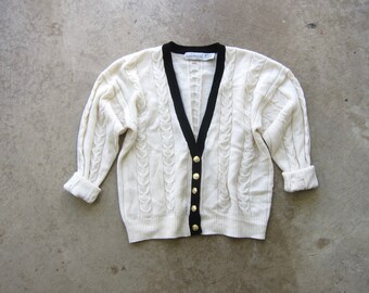 90s Preppy White Knit Cardigan Sweater | Gold Button Up  Lambswool Blend Sweater | Vintage Slouchy Prep School Cardigan