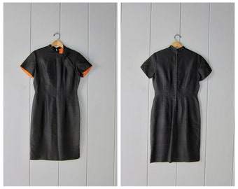 Black Silk Kimono Dress | Vintage Modern Sheath Dress | 60s Knot Button Asian Styled Dress with Mandarin Collar