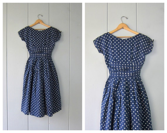 50s Blue White Polka Dot Day Dress | Vintage 1950… - image 8