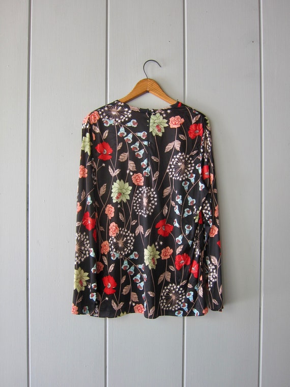 70s Floral Print Top | Retro Long Sleeve Nylon Sh… - image 7